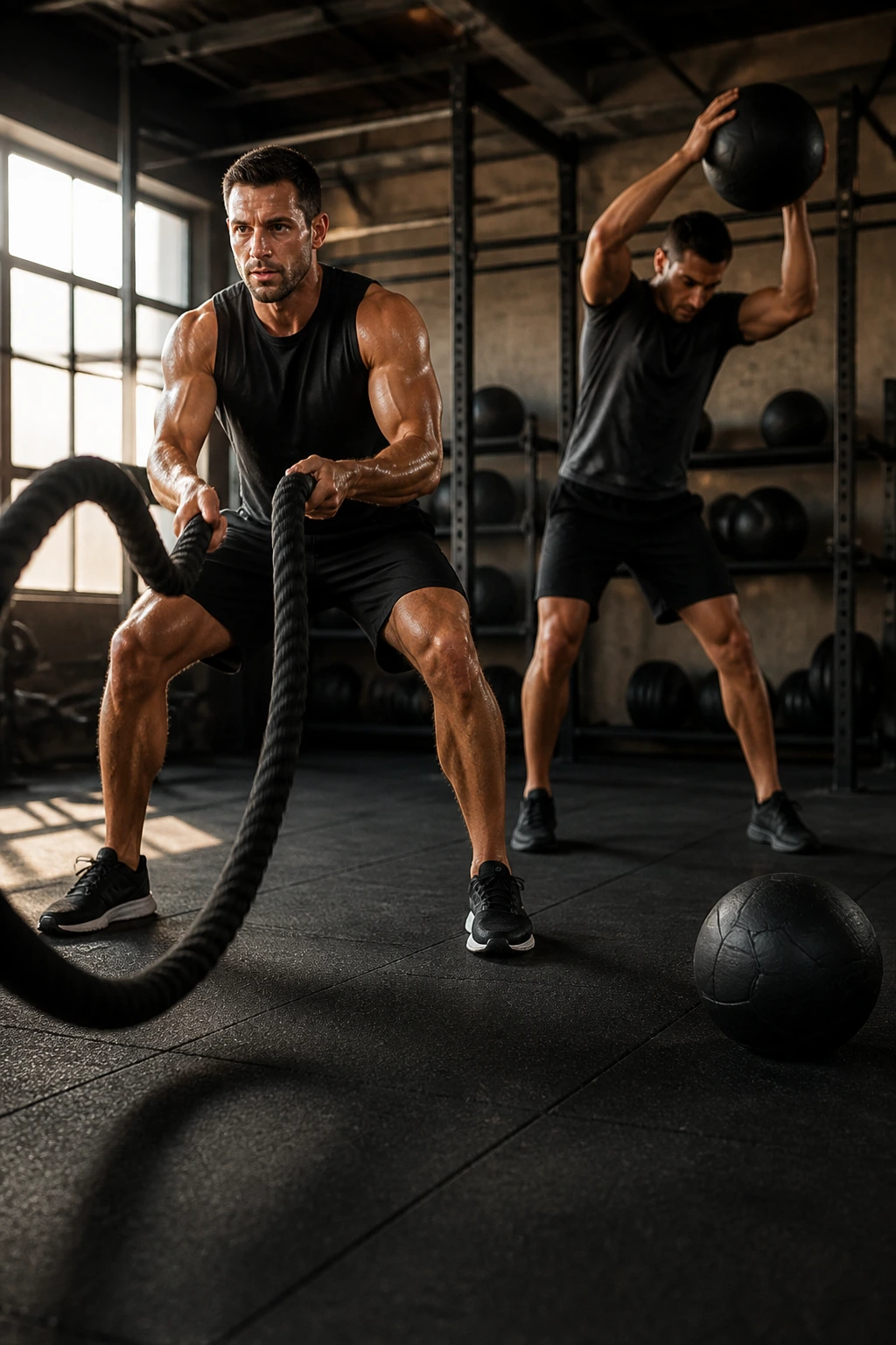 Athlete with battle ropes and medicine ball in gym