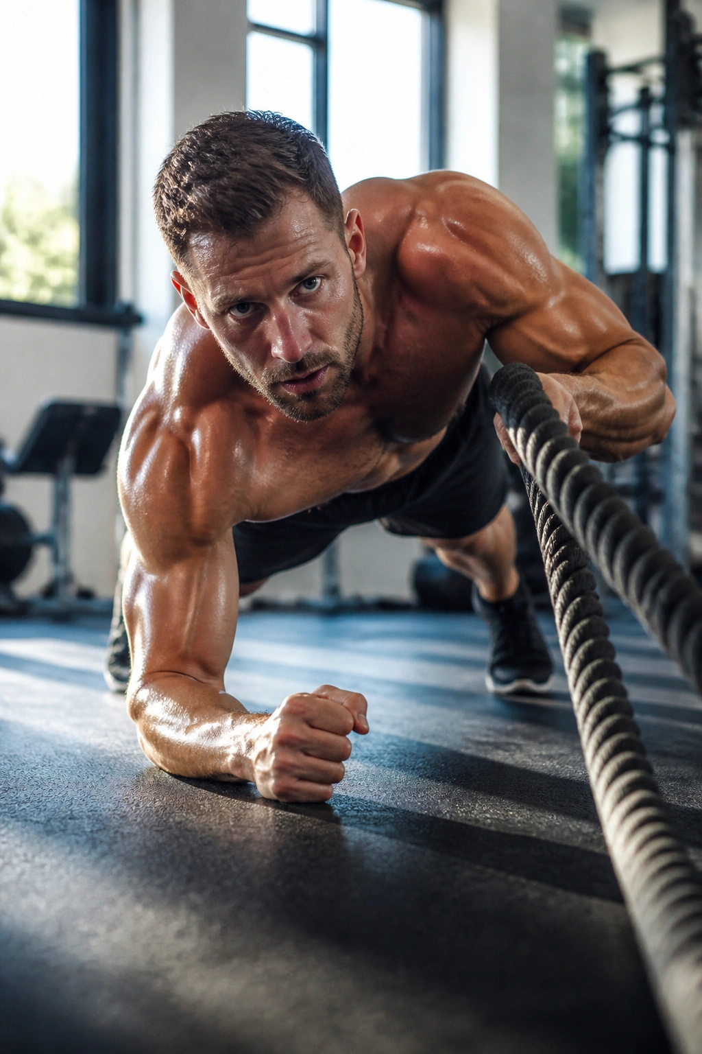 Person in plank with battle ropes in gym