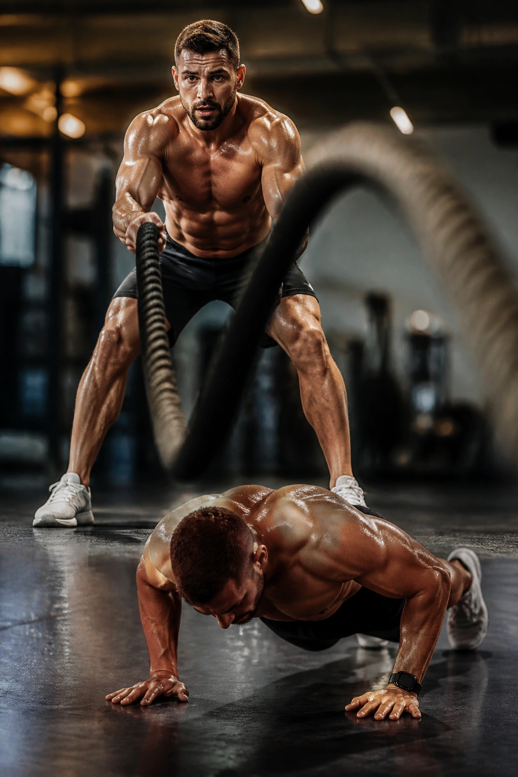 Athlete performing battle rope slams in a gym during a burpee finisher