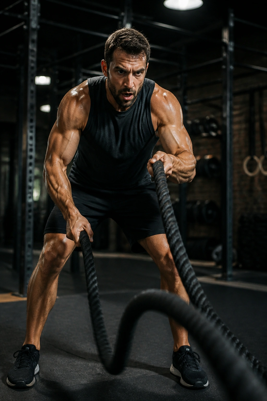 Person performing battle rope waves in a gym