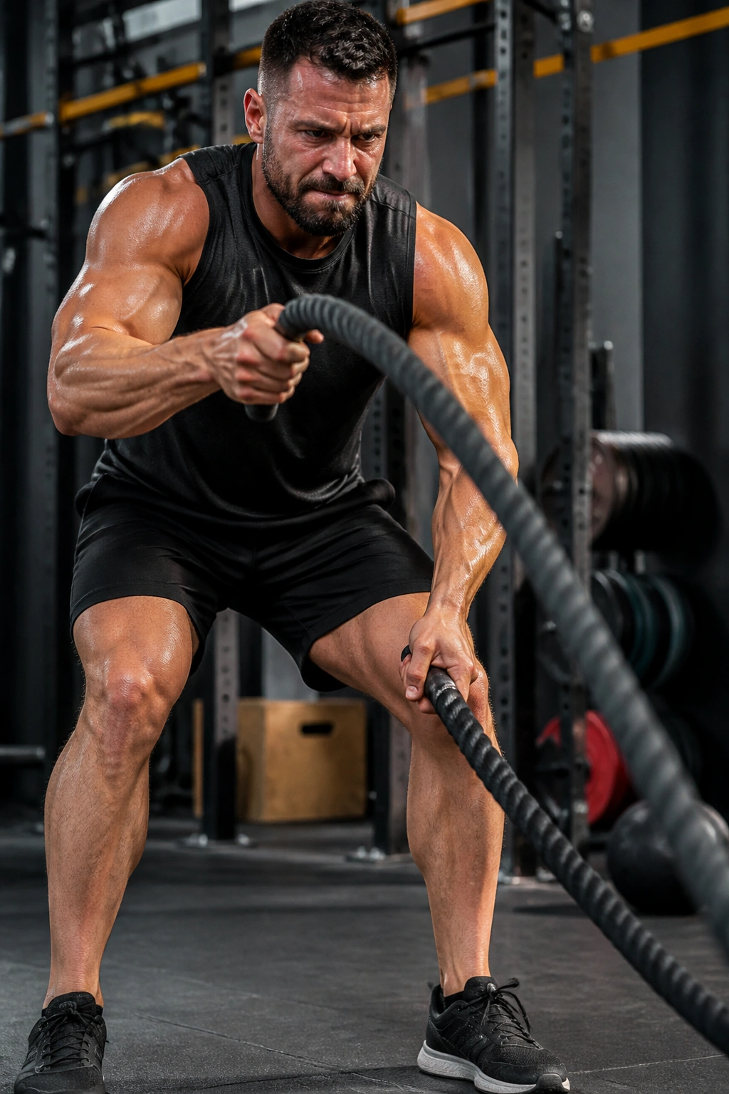 Athlete performing battle rope waves in gym