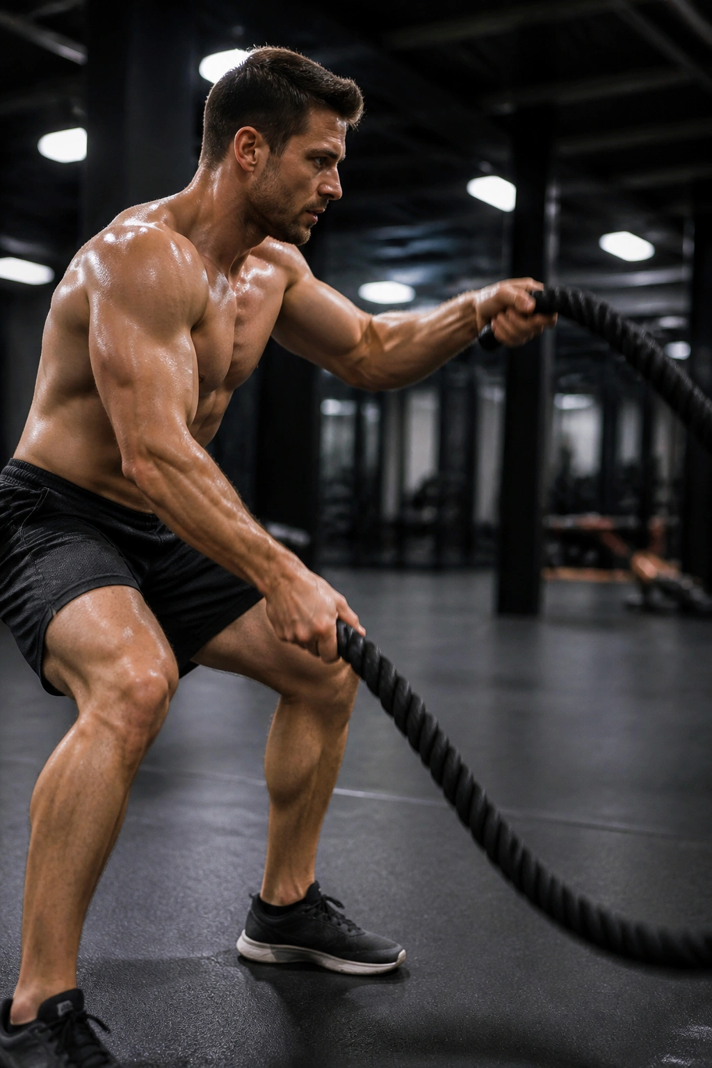 Person performing battle rope waves in a gym