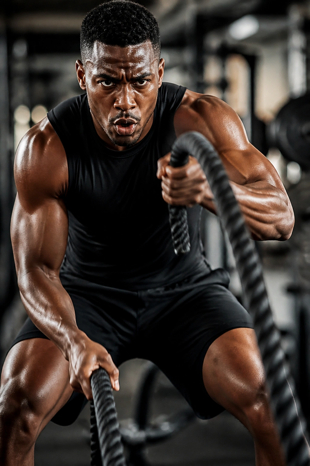 Close-up of athlete performing battle rope waves in a gym