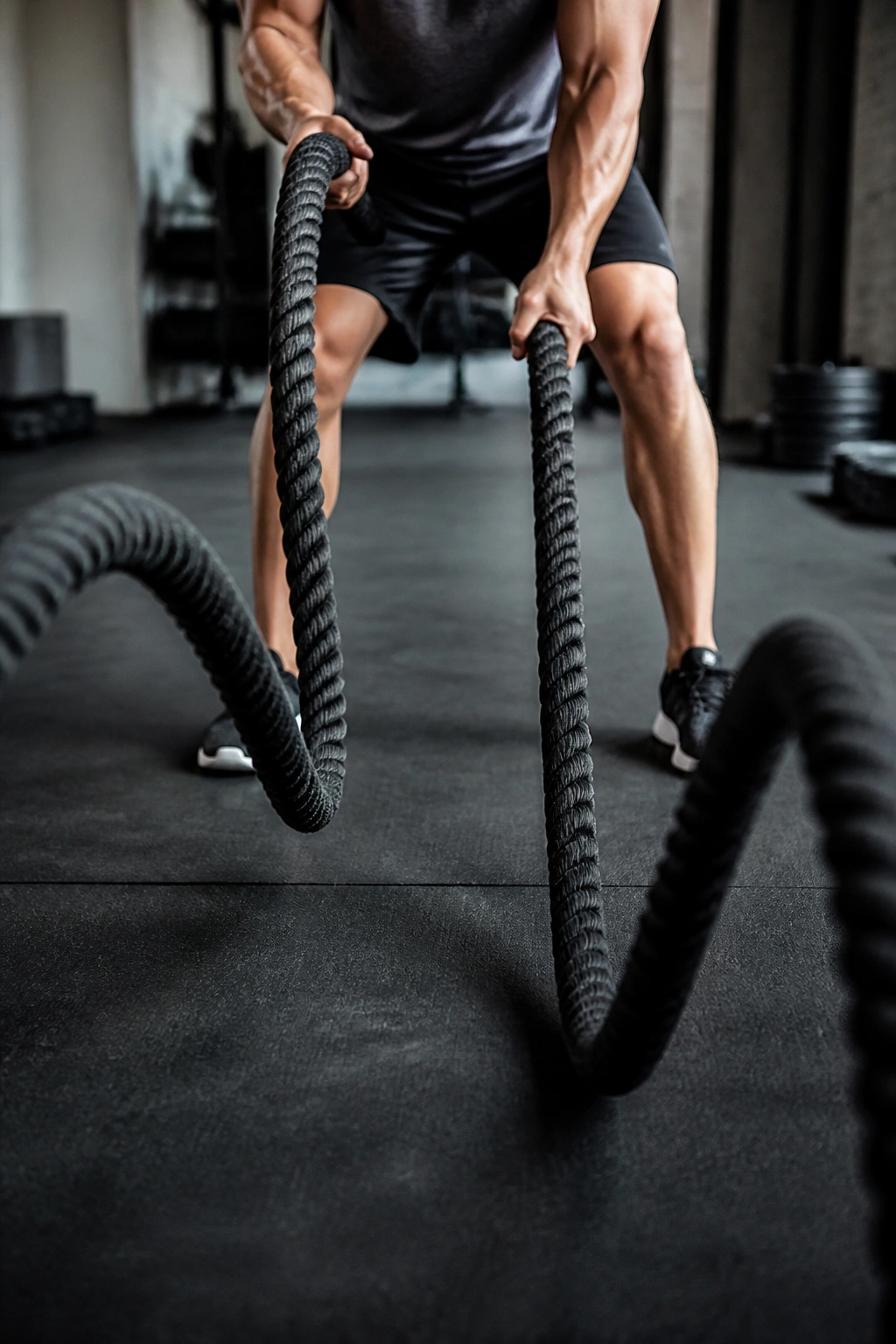 Close-up of battle ropes forming waves with hands gripping in a gym.