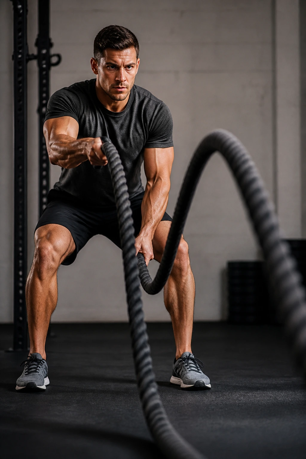 Person performing battle rope waves in gym