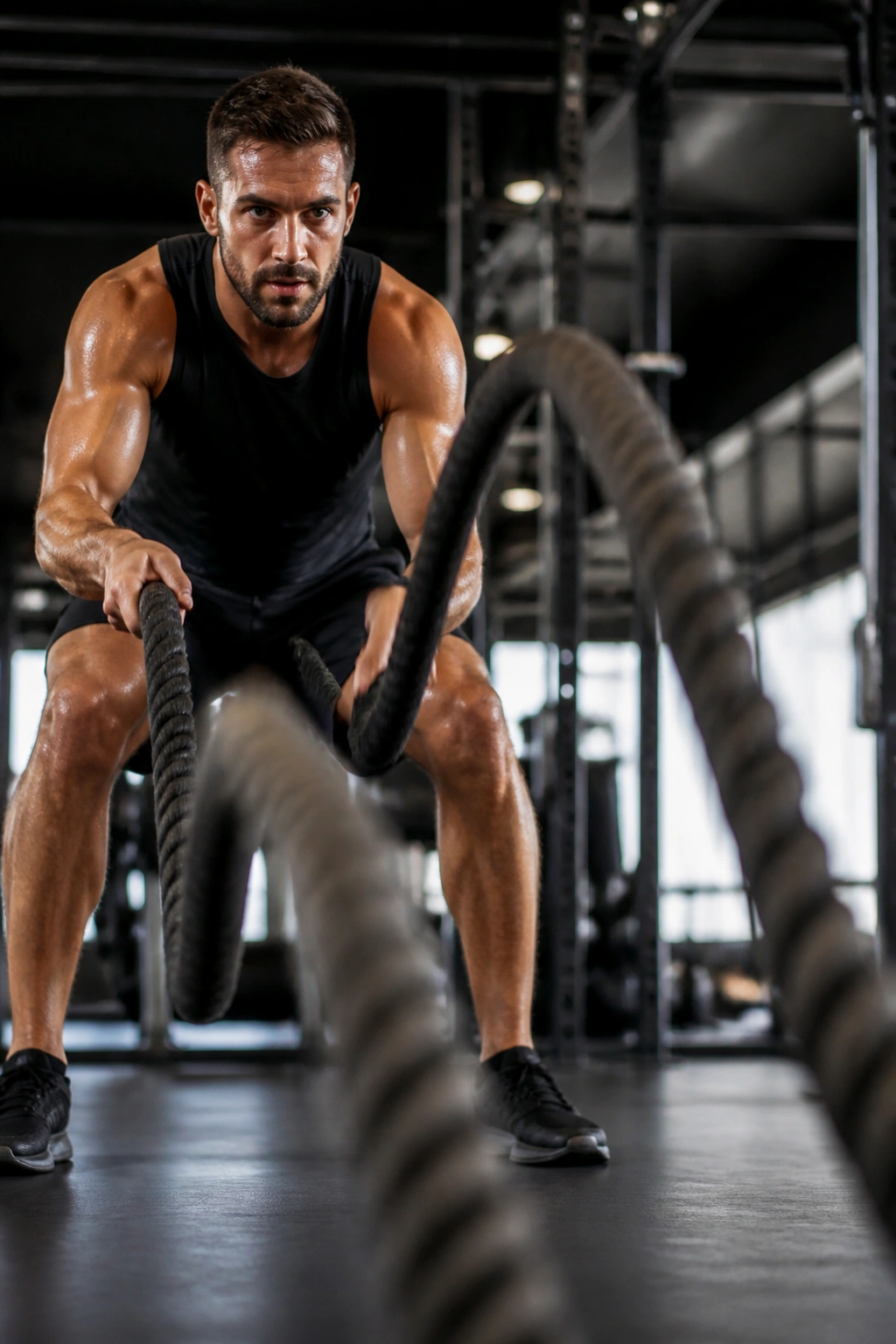 Close-up of a person performing battle rope waves in gym