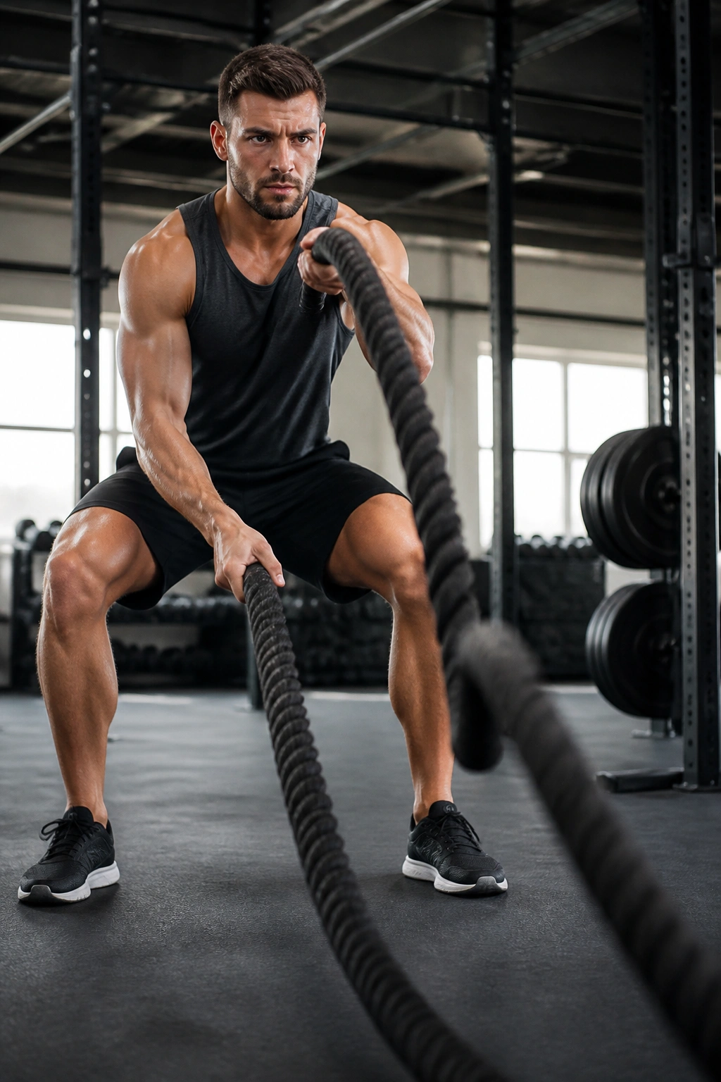 Person performing battle rope waves in a gym focusing on core and posture.
