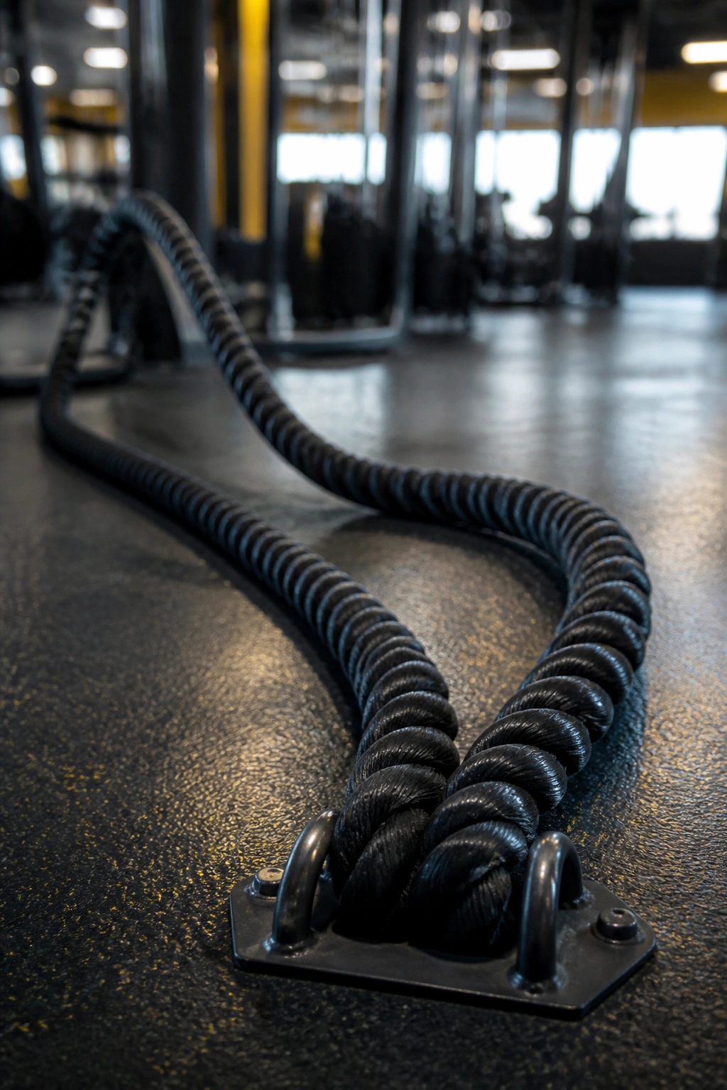Close-up of battle ropes in motion on a gym floor with dynamic waves.