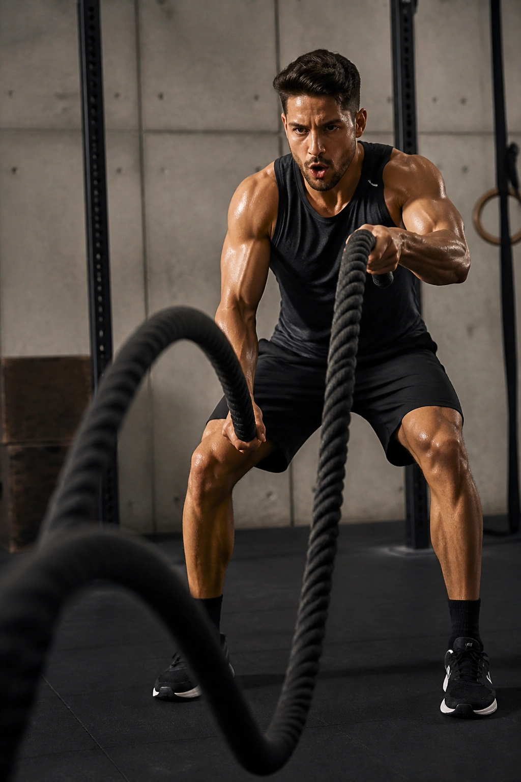 Person using battle ropes in gym during intense interval