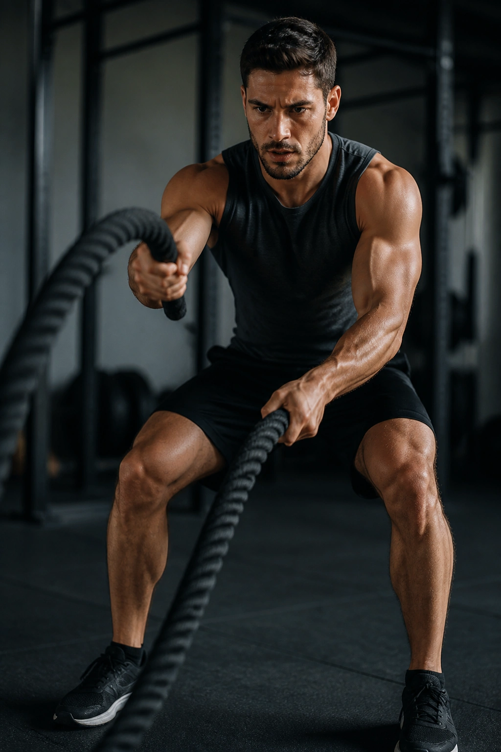 Person using battle ropes in a gym with motion