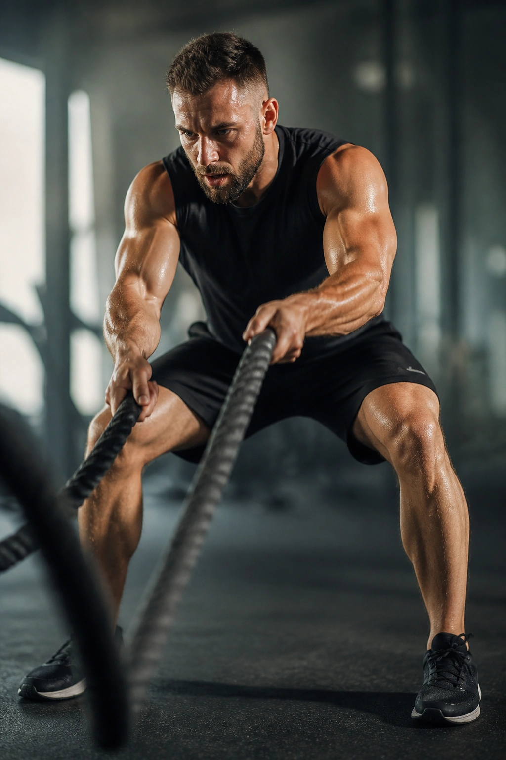 Athlete performing battle rope slams in the gym with ropes in motion.