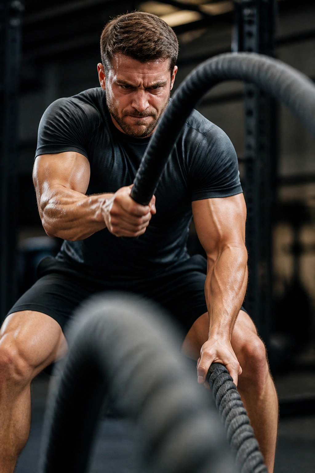 Person using battle ropes in gym performing waves