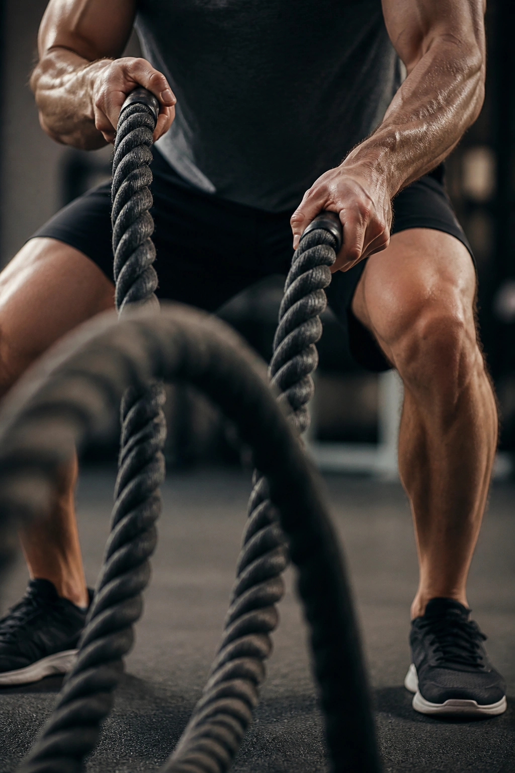 Close-up of hands gripping battle ropes forming waves during HIIT in a gym
