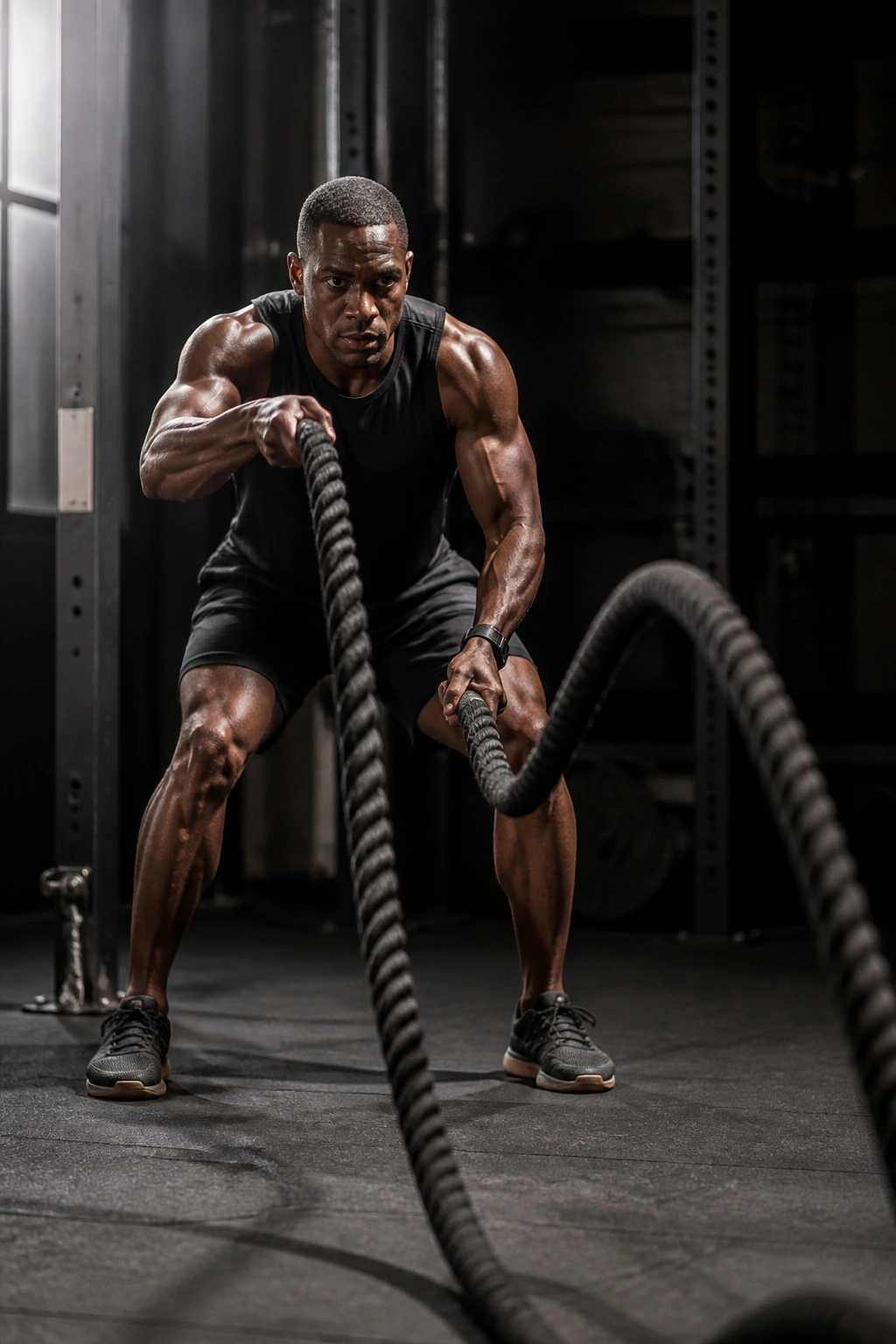 Athlete performing battle rope waves in a gym