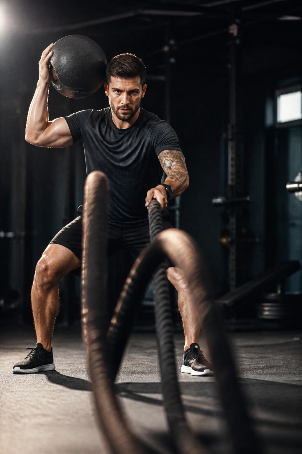 Athlete performing rope waves and medicine ball slams in gym