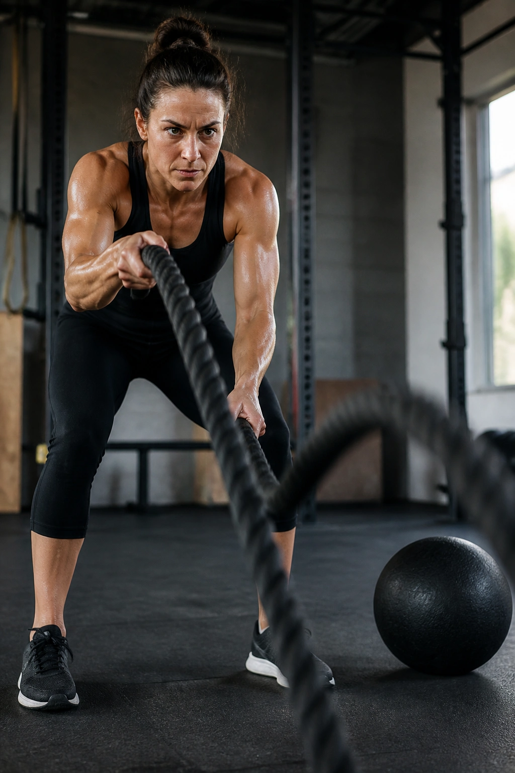 Close-up of athlete performing battle rope waves with a medicine ball nearby