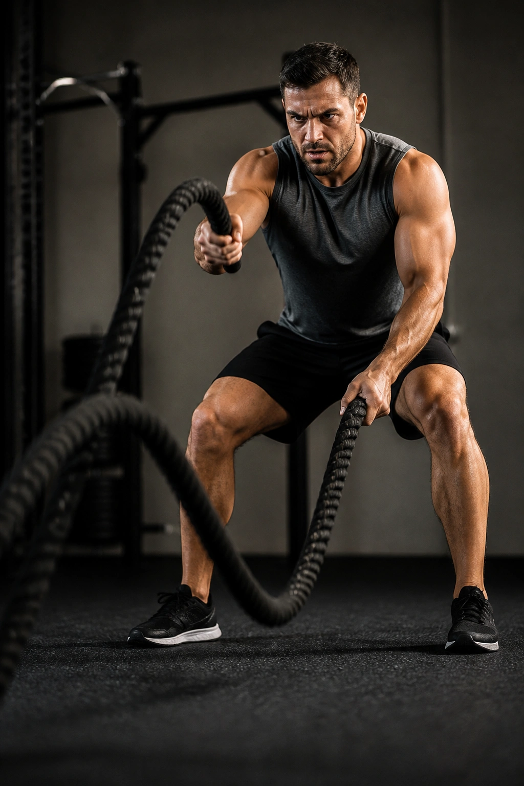 Athlete performing battle rope waves in gym