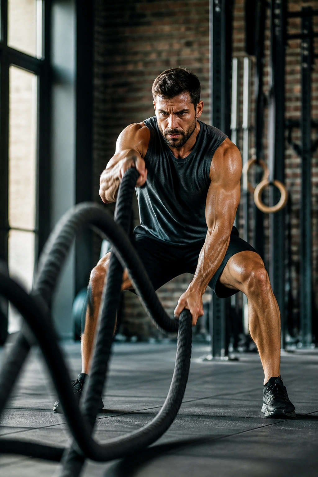 Person performing battle rope waves with a braced torso in gym.