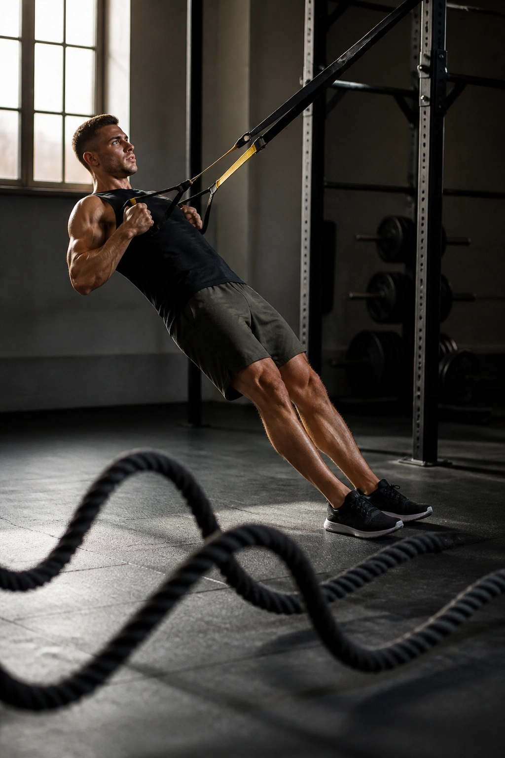 Athlete performing TRX row with battle ropes in motion.