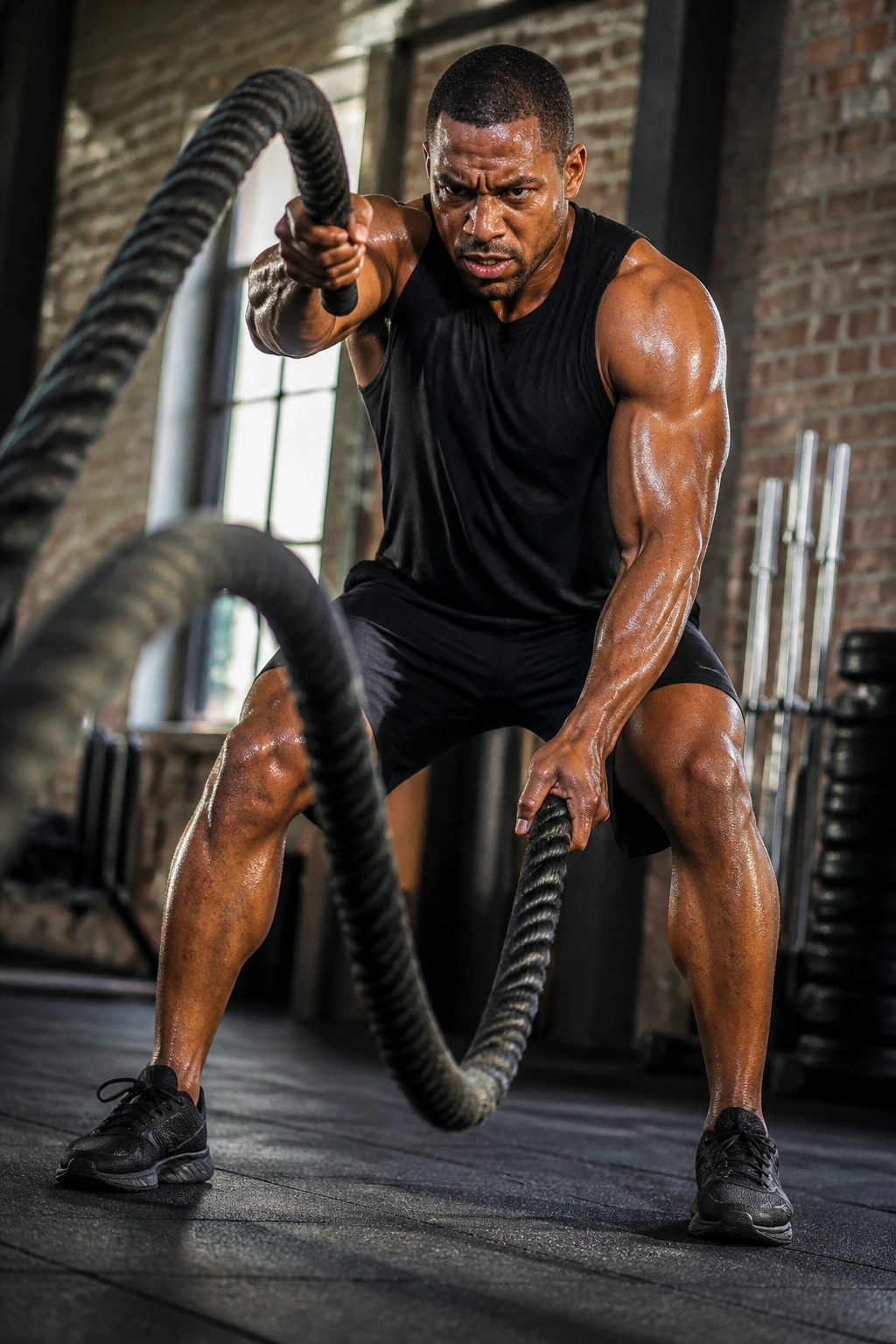 Person performing battle rope waves in a bright gym