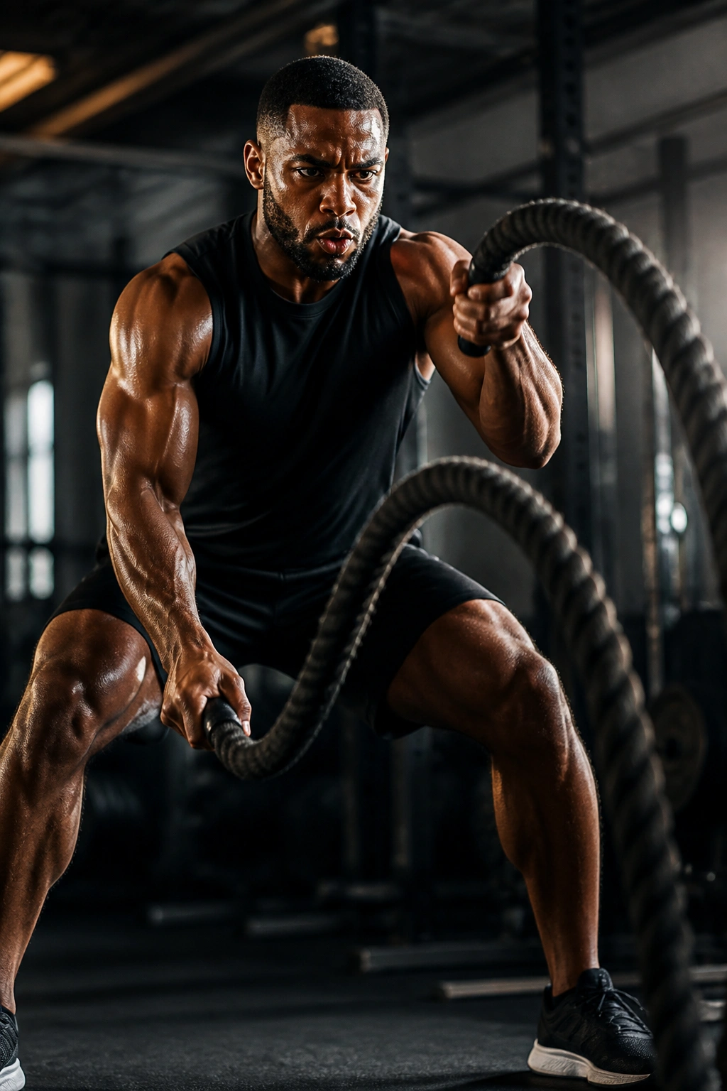 Athlete swinging battle ropes with waves in a gym setting, ropes filling the frame