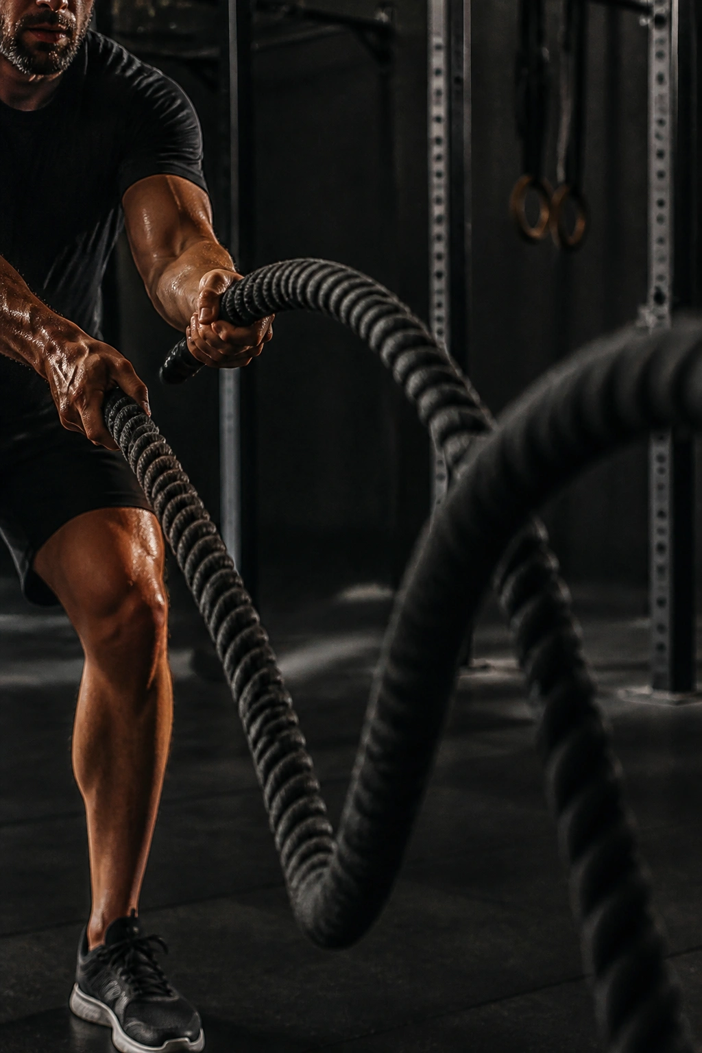 Arms gripping battle ropes creating fast waves in a gym