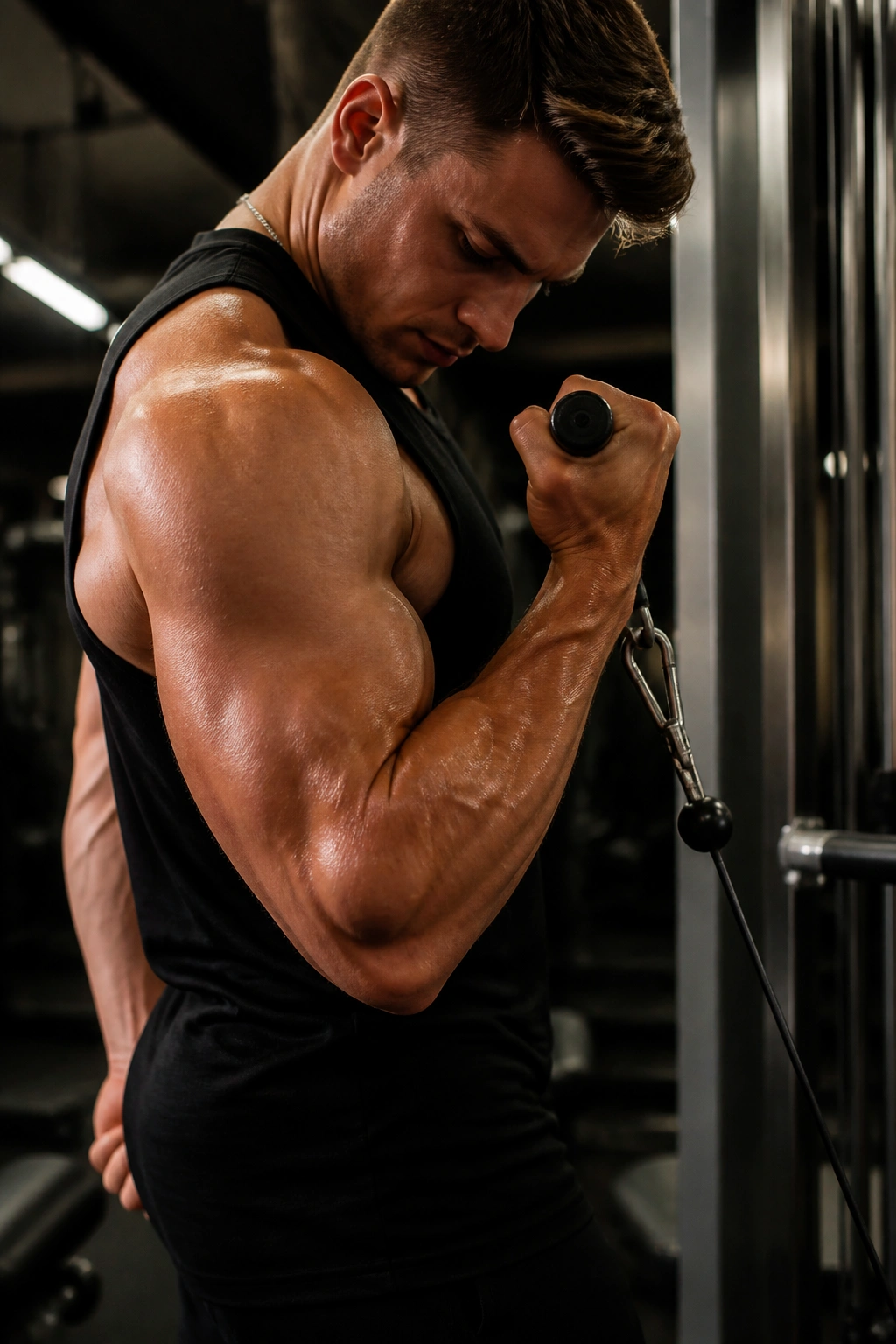Close-up of a lifter performing Bayesian Cable Curl behind the body with cable