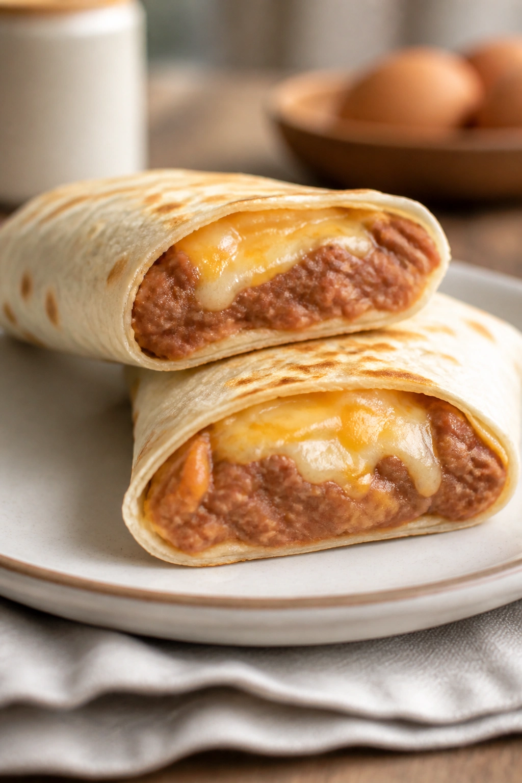 Soft tortilla breakfast wrap filled with beans and cheese, cut to reveal filling on a plate.