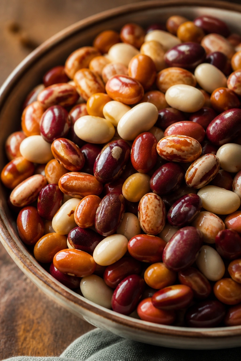 Close-up of glossy beans in a bowl on a wooden table