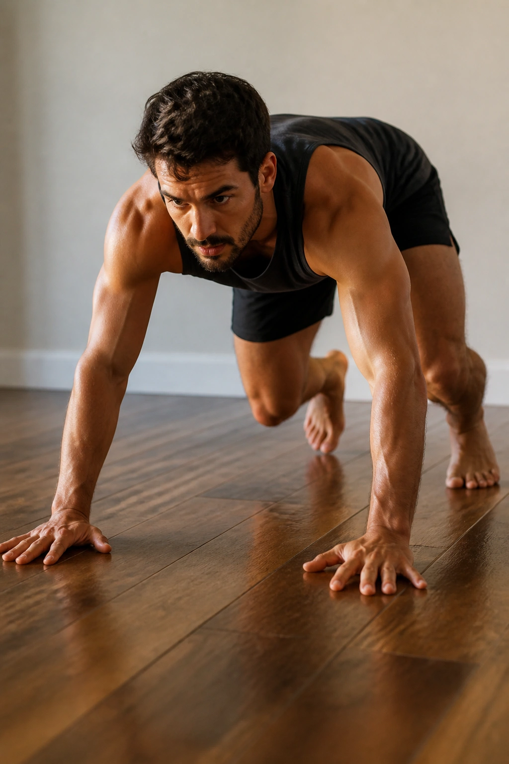 Real person performing bear crawl on wooden floor for animal flow movement.