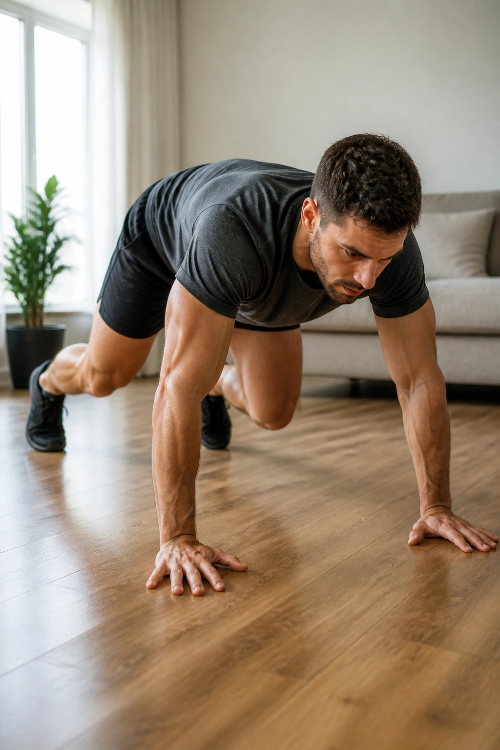 Person bear crawling on a living room floor