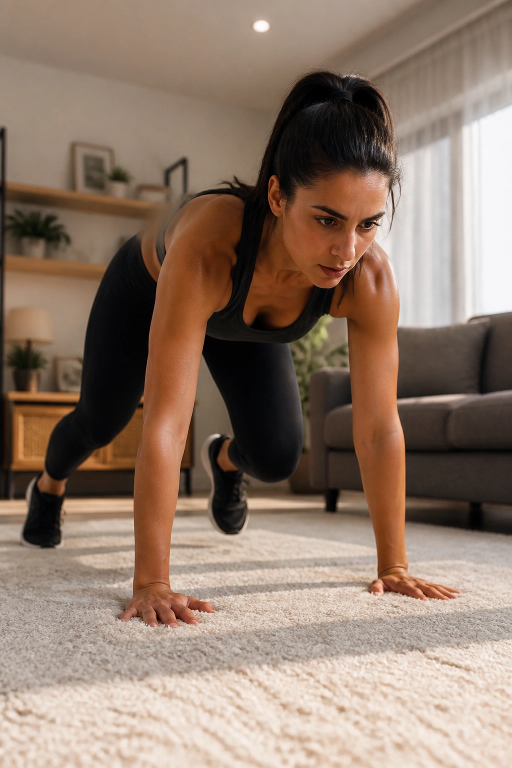 Person bear crawling across a rug in a living room