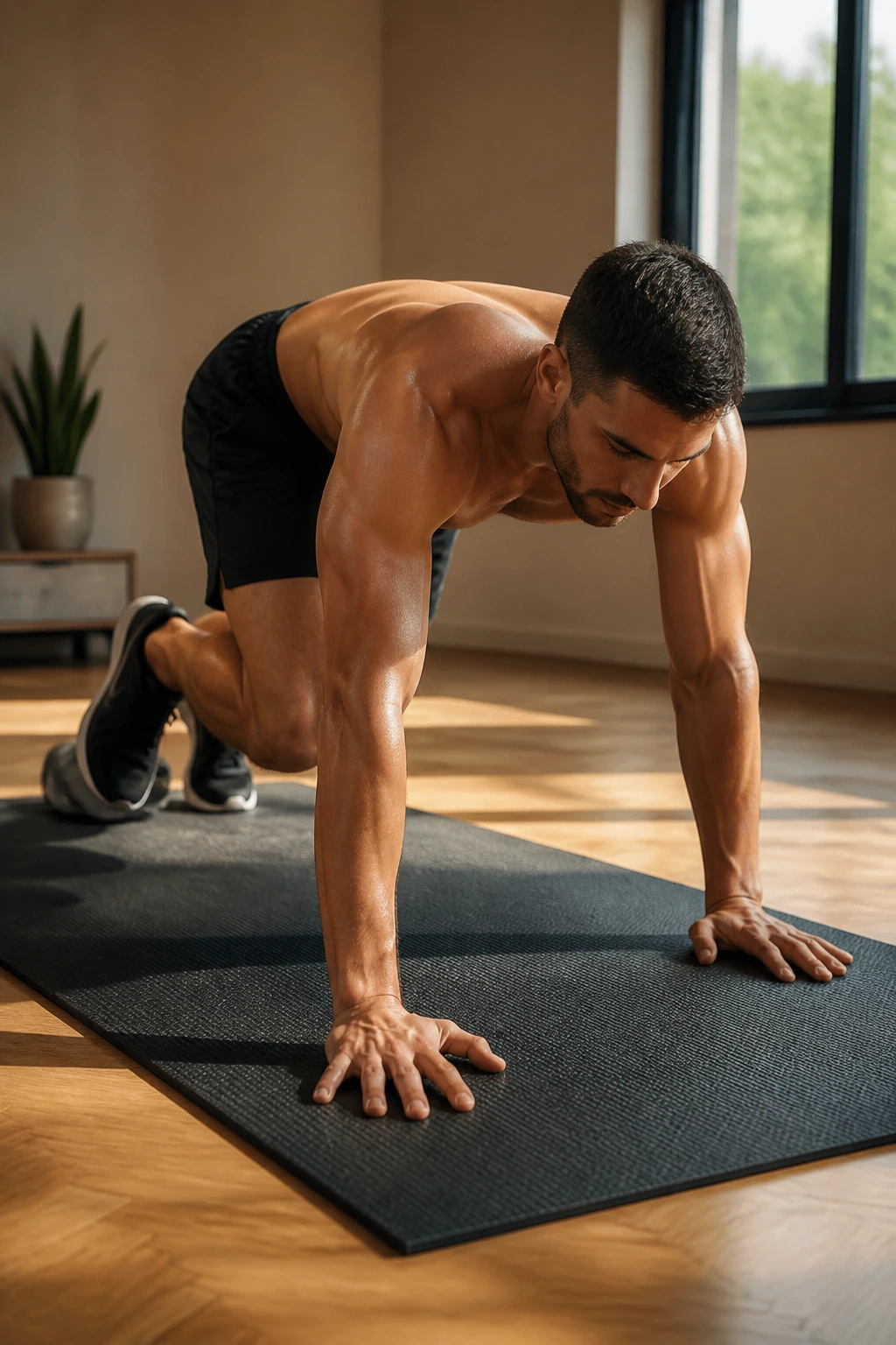 Athlete in bear crawl on a mat, core and shoulders engaged.