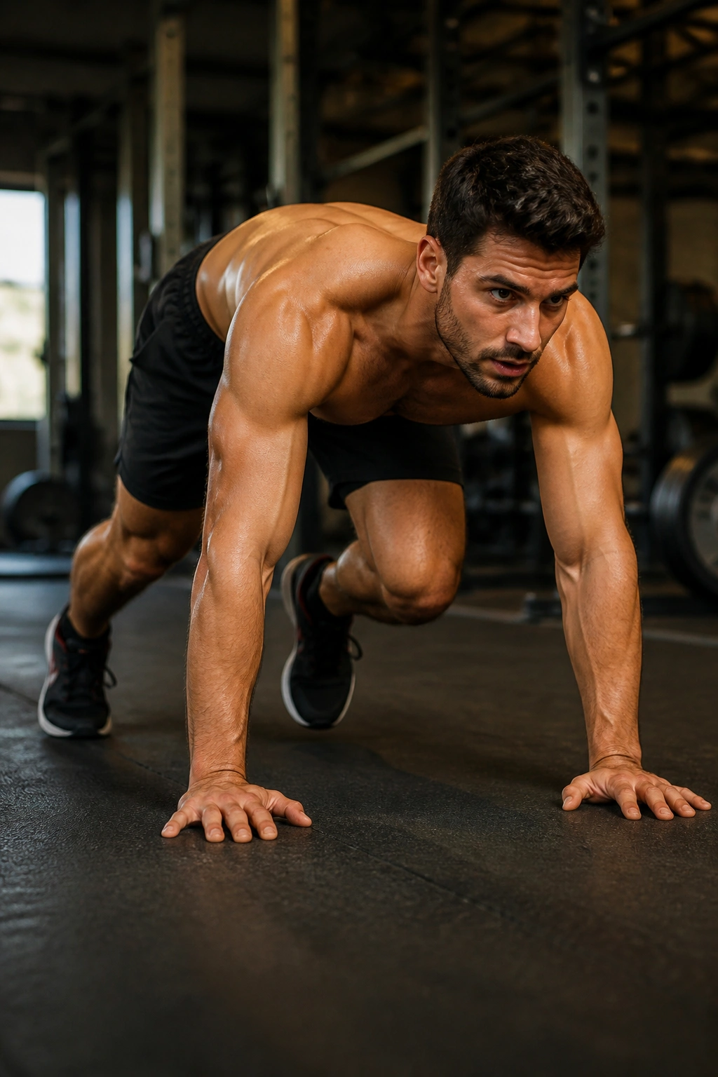 Close-up of bear crawl on gym mat showing core and shoulder stability.