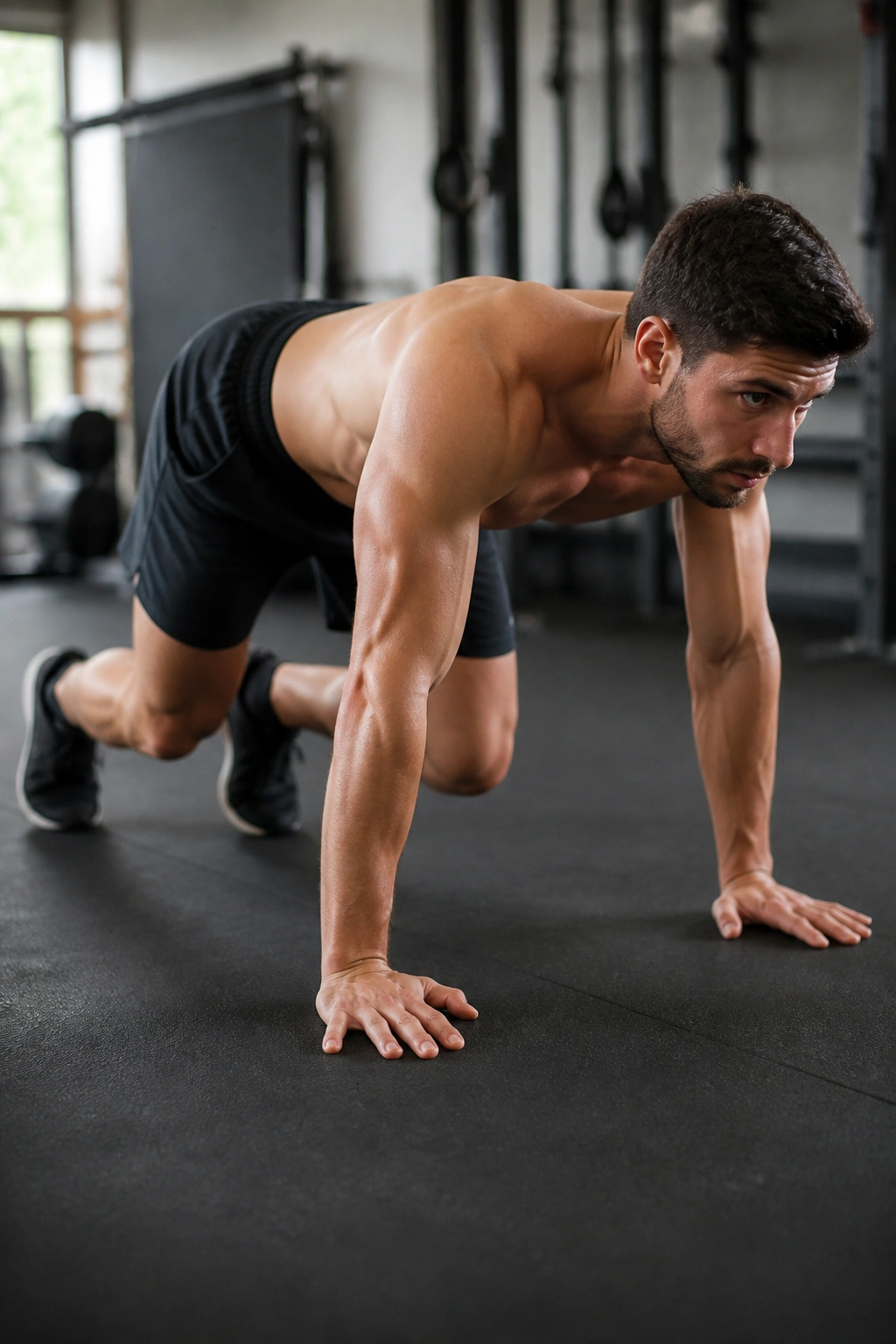 Bear crawl on gym mat showing tight midsection during movement