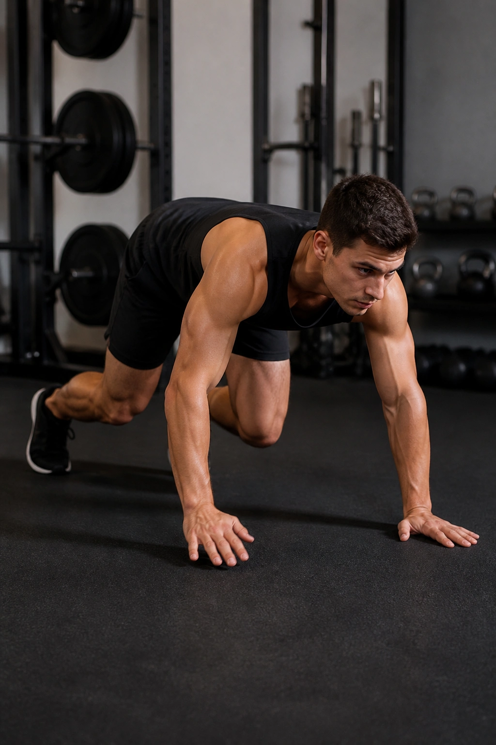 Person performing bear crawl with stable trunk on gym floor