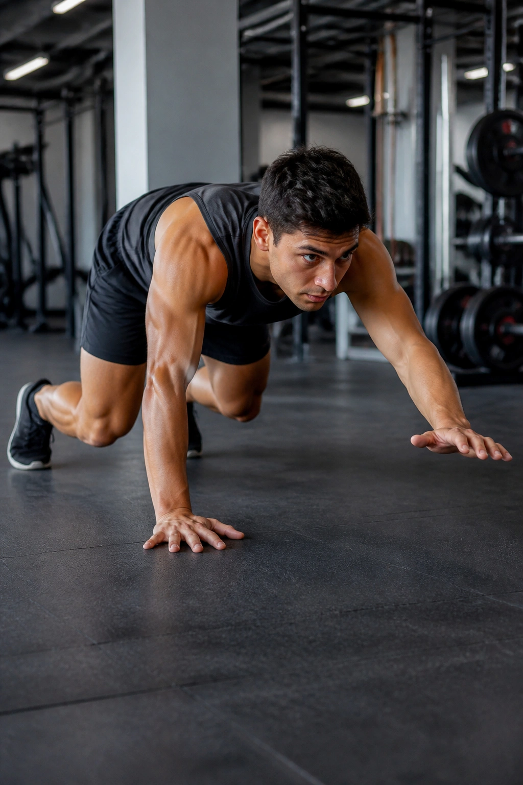 Person in bear crawl position on gym floor bracing their core
