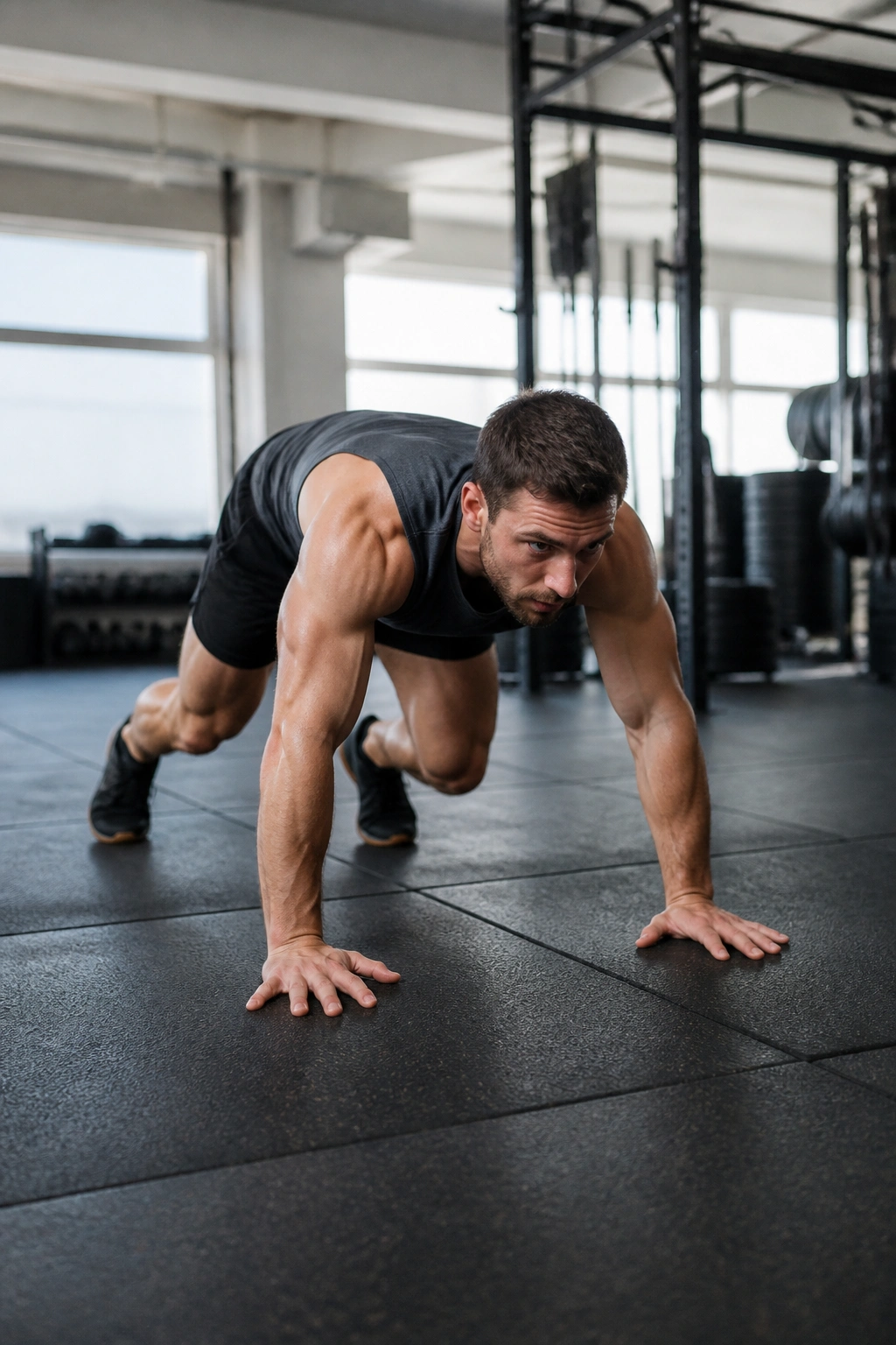 Full-body bear crawl performed by a real person on gym floor, back flat and knees just above floor