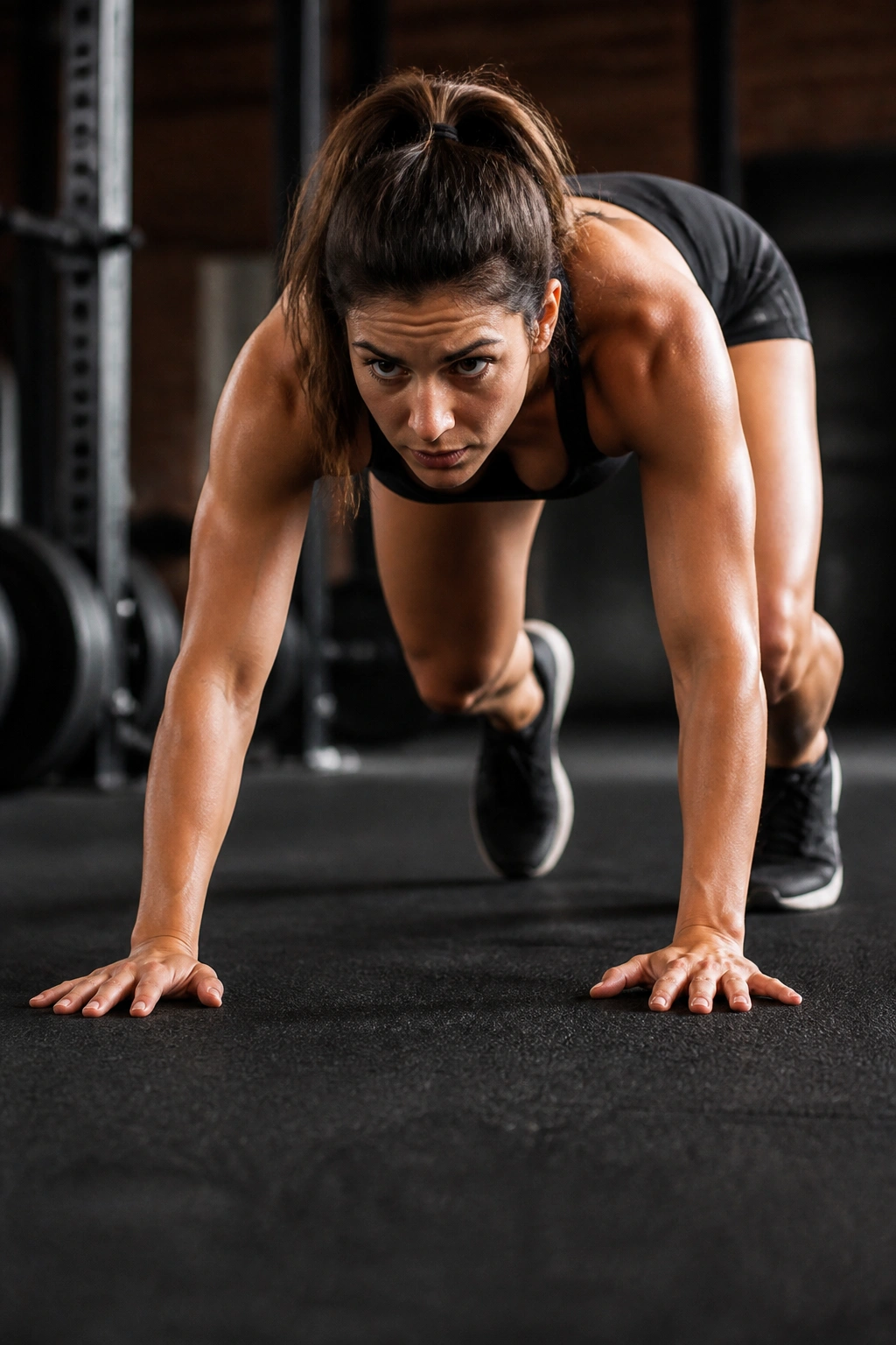 Person bear crawling on gym floor, core engaged