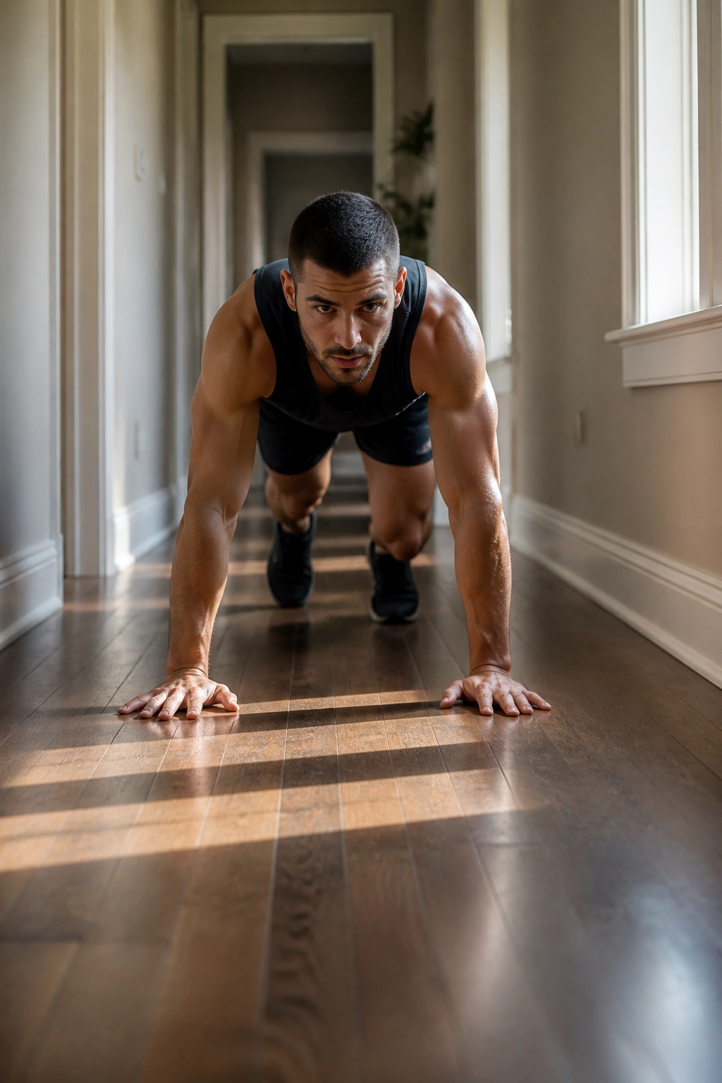Person bear crawling through a hallway with knees off the floor