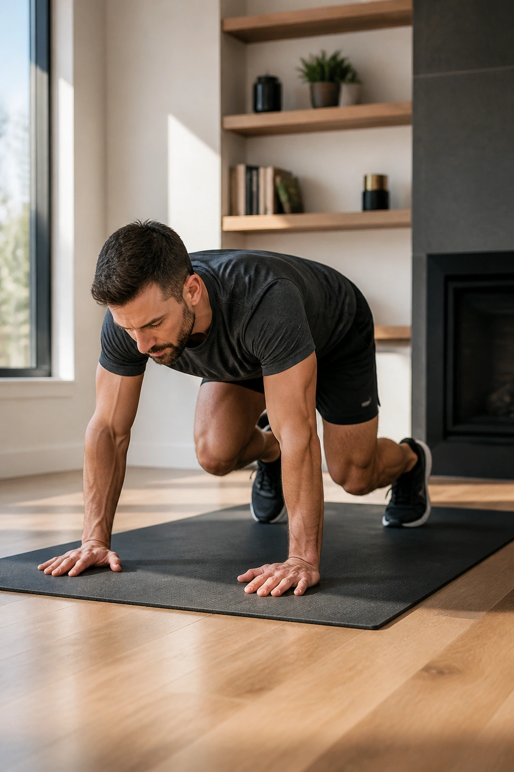 Person performing a bear crawl on a mat with knees off the ground