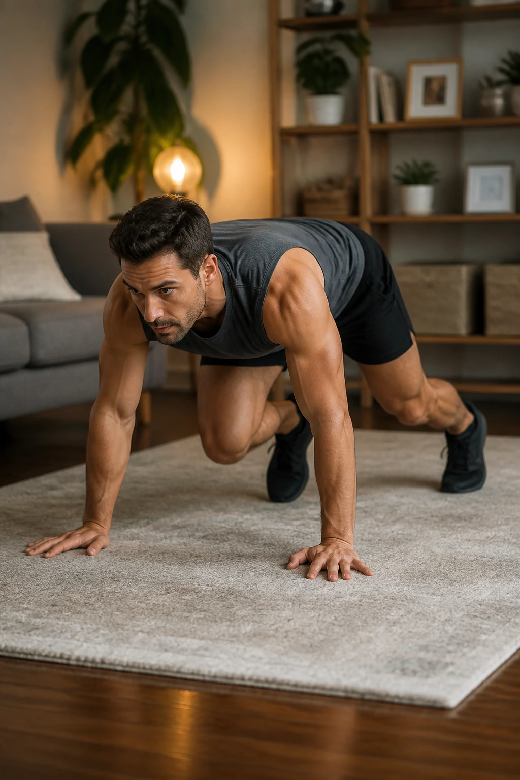 Medium close-up of a person in bear crawl position on a rug