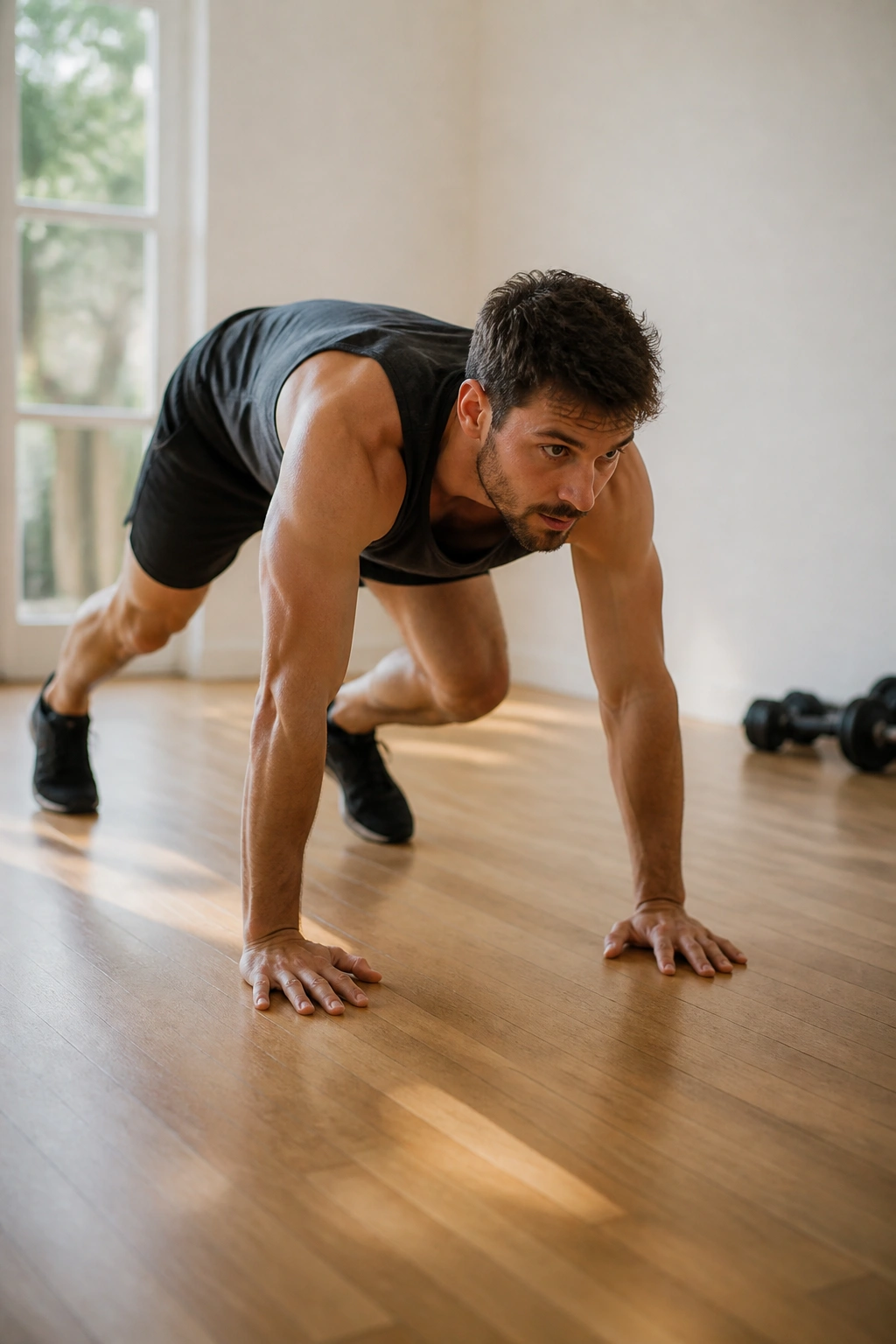 Bear crawl on wooden floor in a home gym with natural light