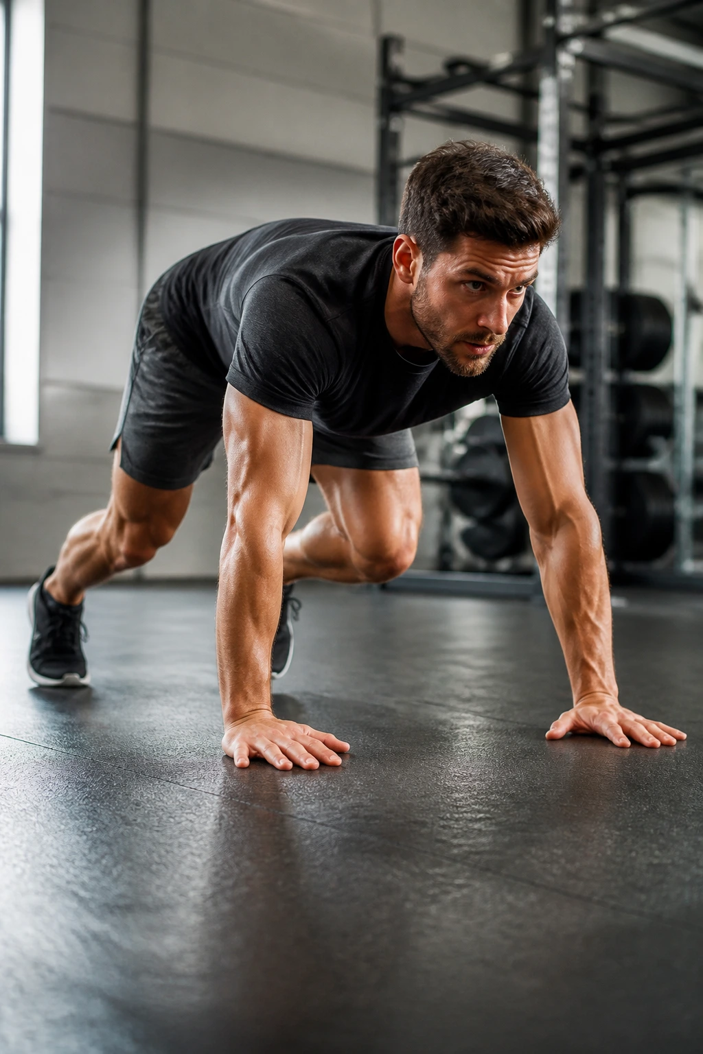 Athlete in bear crawl position moving across a gym floor