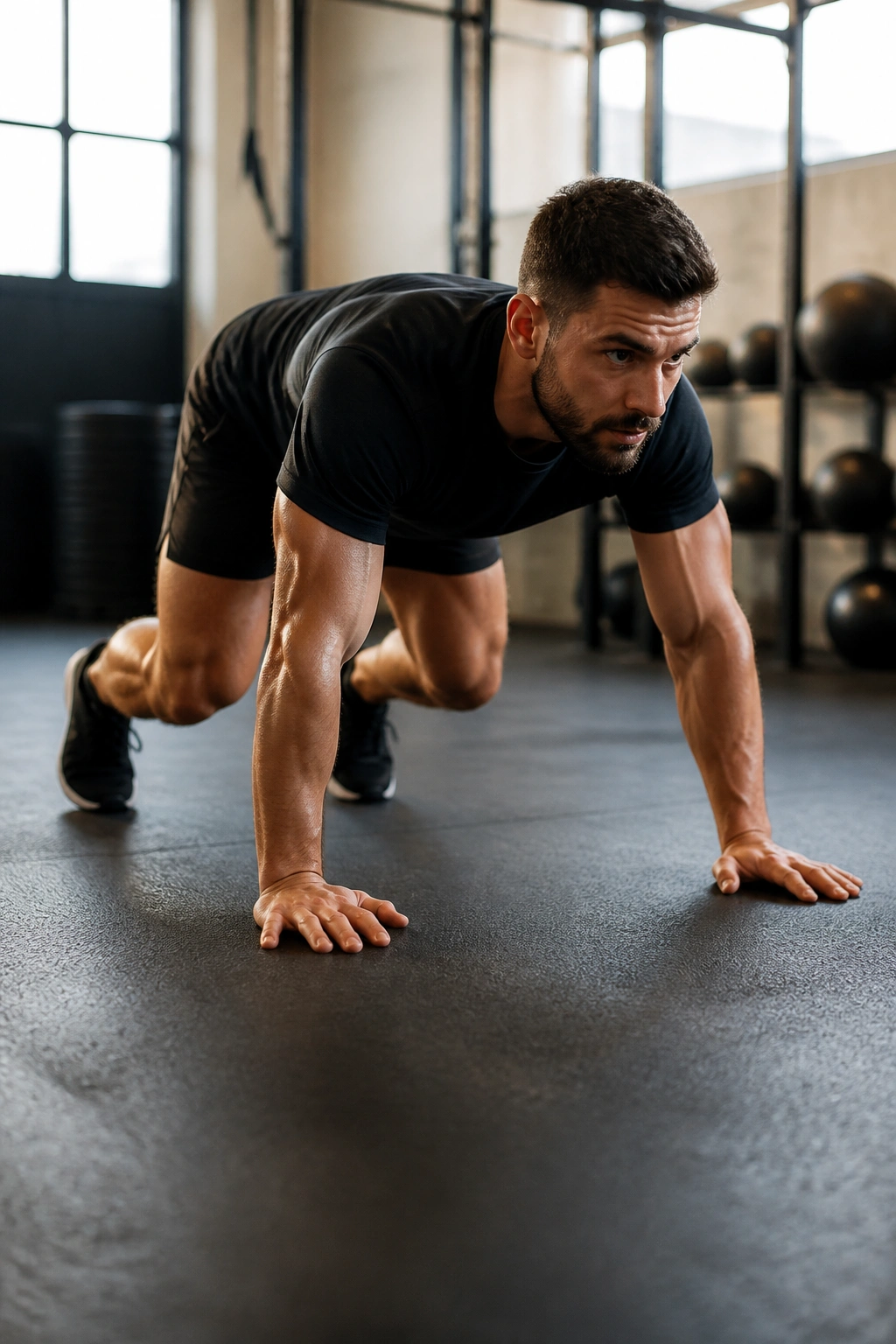 Full-body bear crawl in gym with knees off floor and back flat
