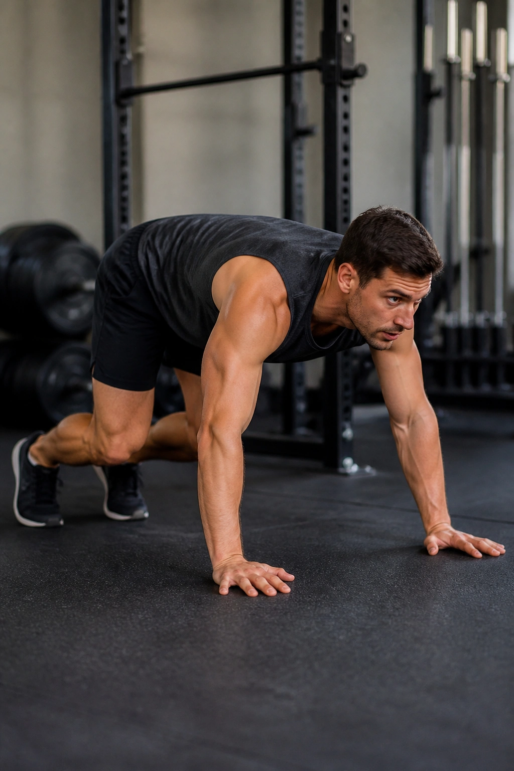 Person performing bear crawl on gym mat