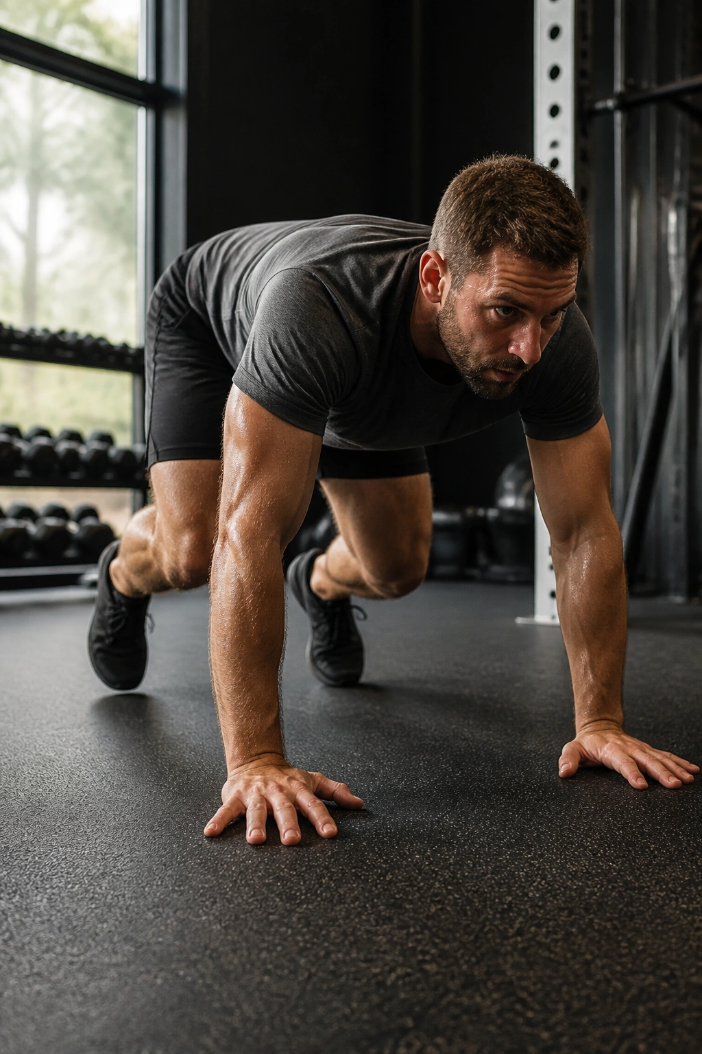 Full-body bear crawl on gym floor showing knees slightly off ground