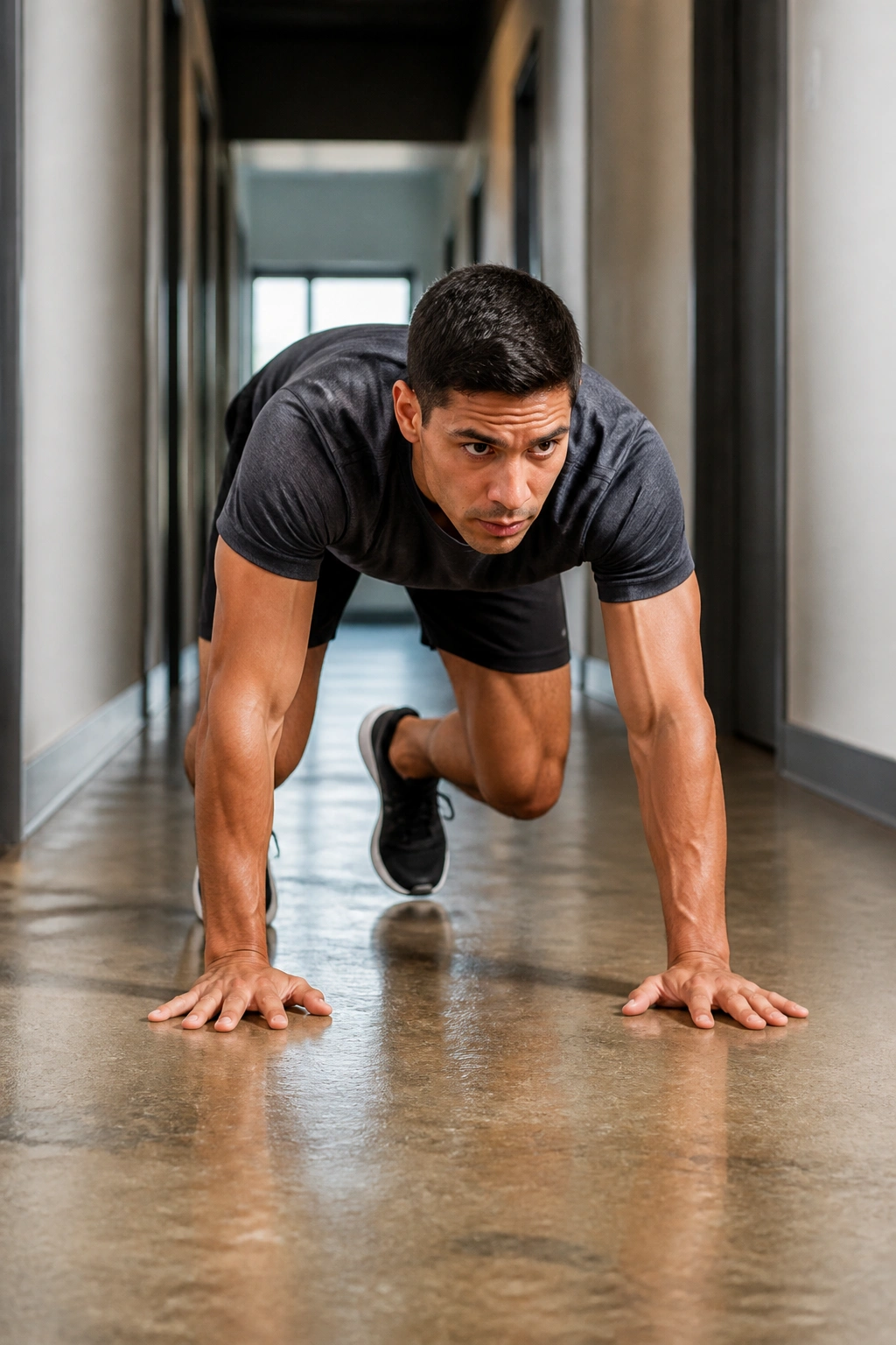 Person performing bear crawl in hallway with back flat and knees off the floor