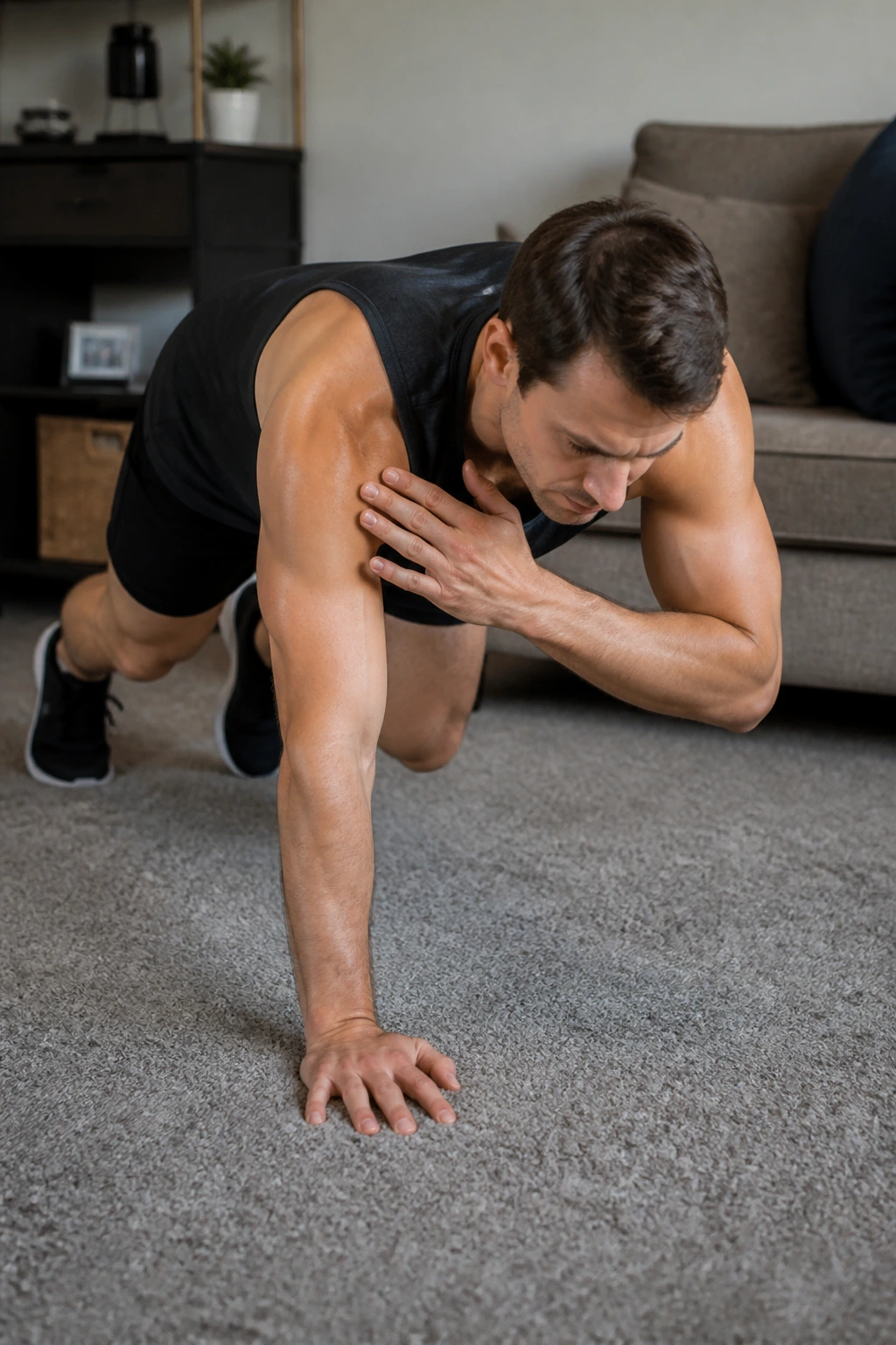 Close-up of a person in bear crawl hold tapping opposite shoulders on a carpet
