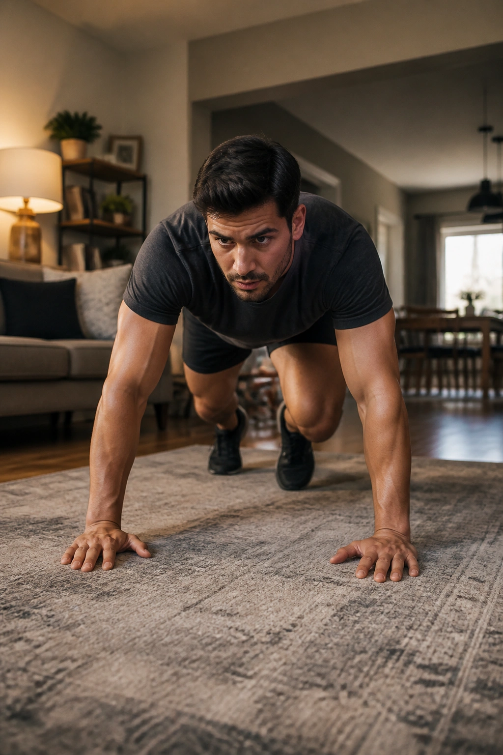 Person bear crawling on a rug during a home workout